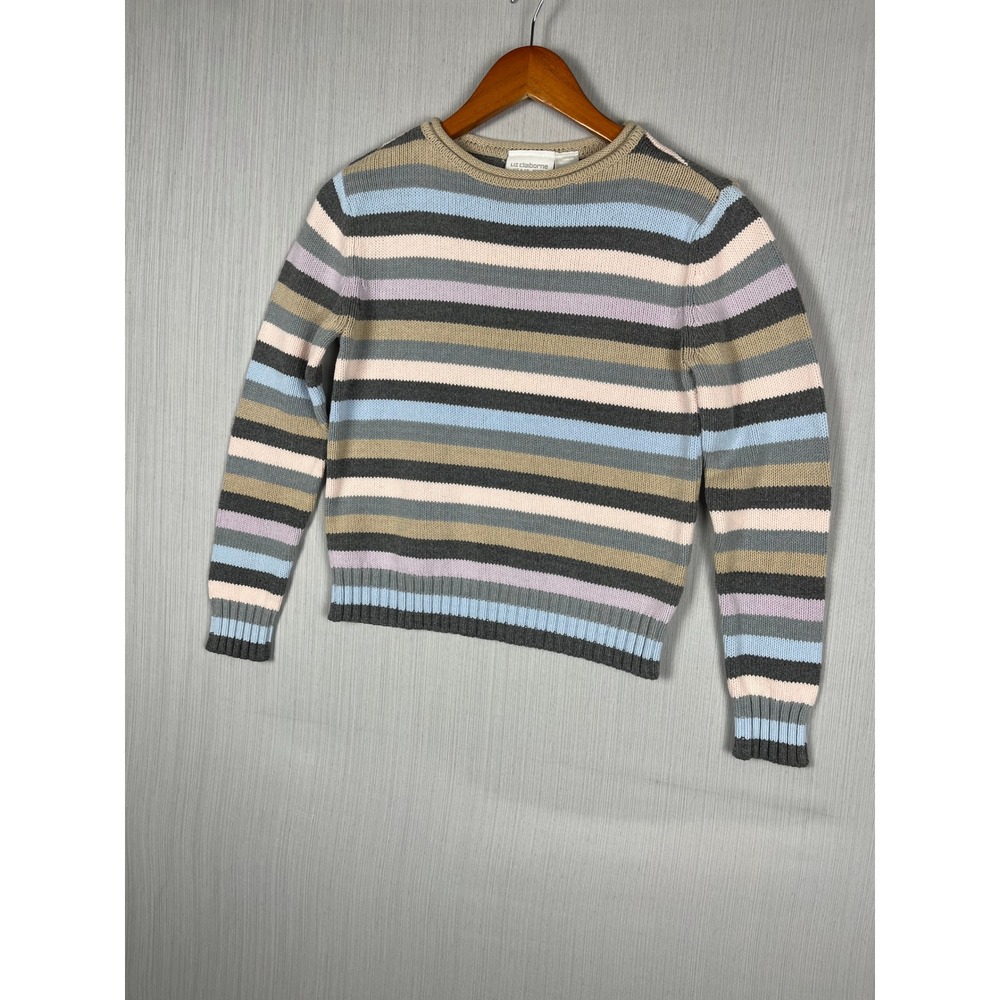 Liz Claiborne Sweater Womens Petite P Multicolor Striped Crewneck Knit Preppy
